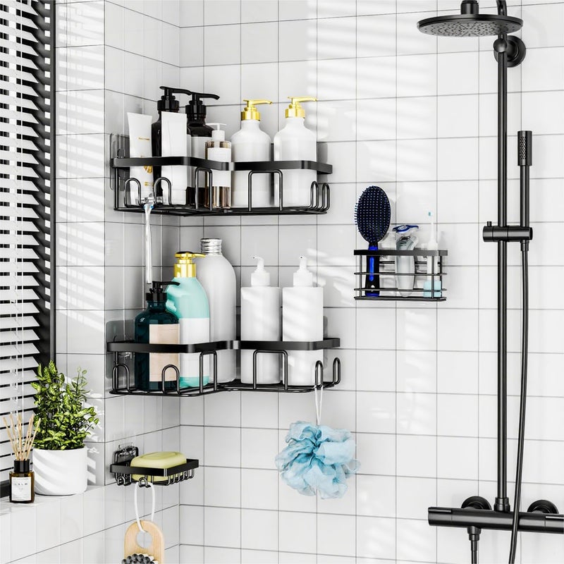 Moforoco 5-Pack Shower Caddy, L-Shaped, 10.2in Diameter, 90-Degree Right Angle, Rustproof, Easy Installation, 12 Hooks, Soap Holder, Adhesive Corner Shower Organizer, Black - Image 2